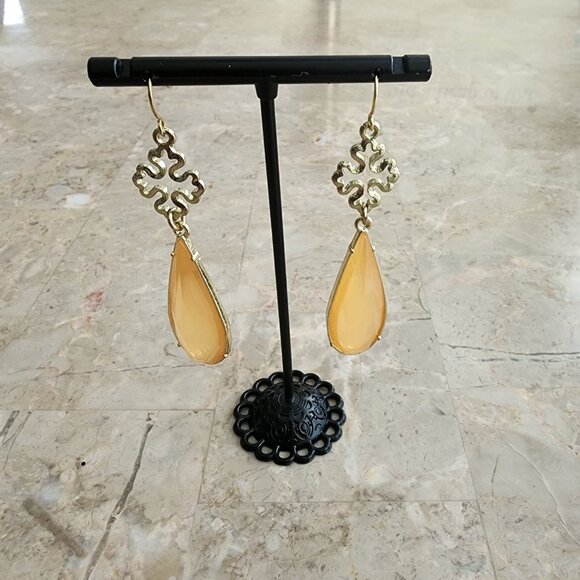 Stony Earrings with Peach-Colored Teardrops Dangling from Ornate Crosses - Picture 4 of 6